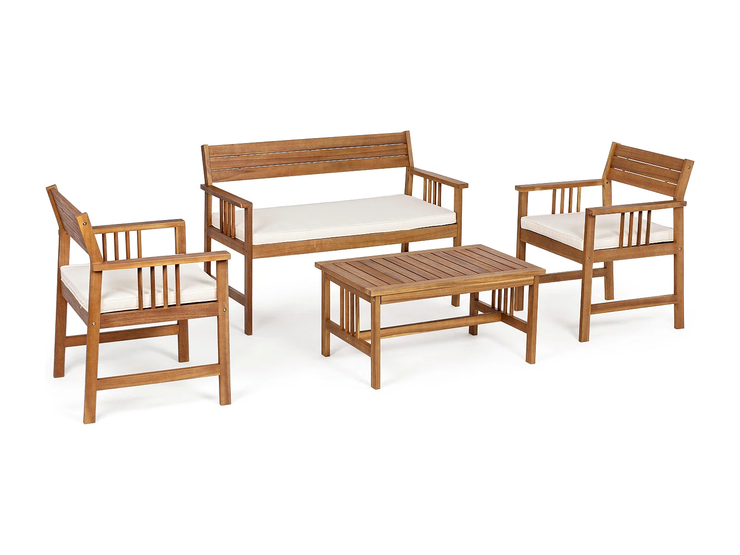 Salon de jardin NOEMI – Boi d’acacia huilé & écru - Canapé & 2 fauteuil & table bae