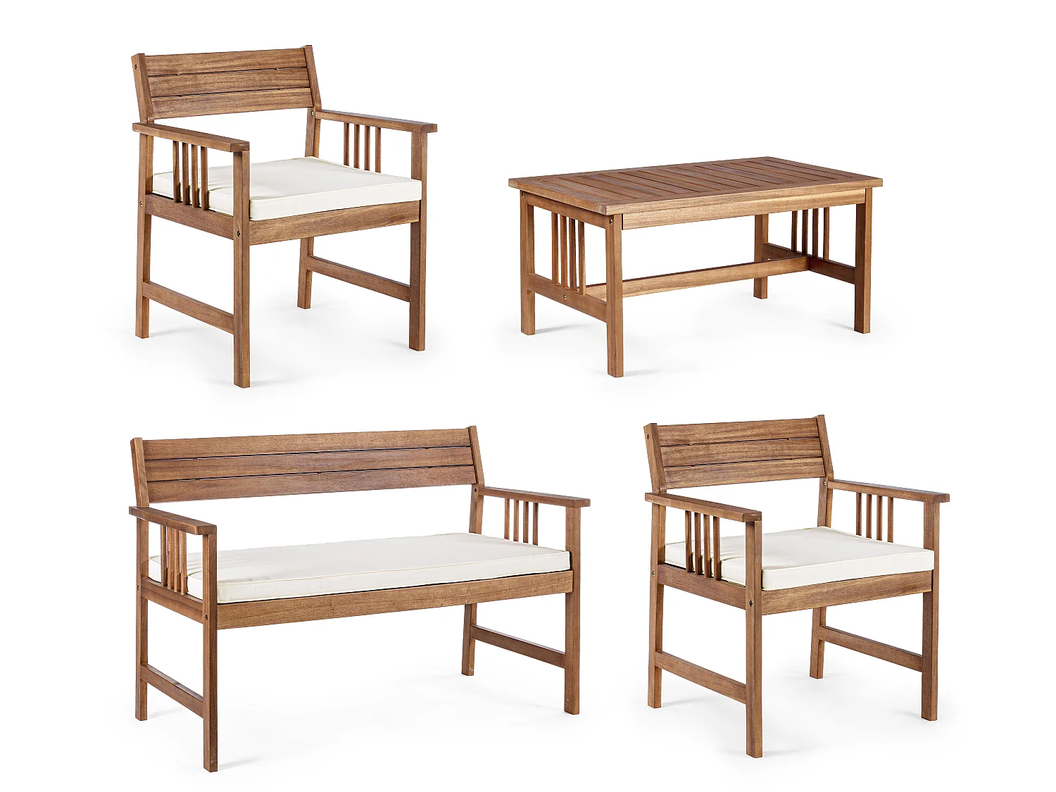 Salon de jardin NOEMI – Boi d’acacia huilé & écru - Canapé & 2 fauteuil & table bae