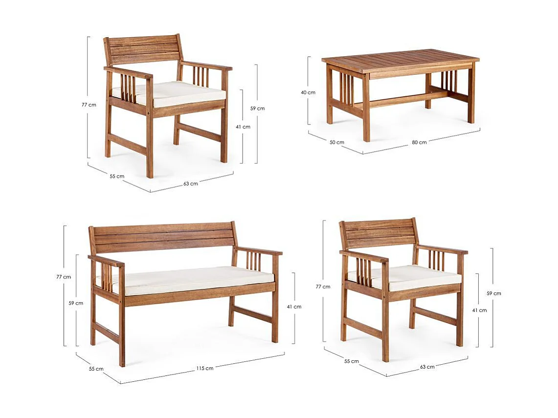 Salon de jardin NOEMI – Boi d’acacia huilé & écru - Canapé & 2 fauteuil & table bae