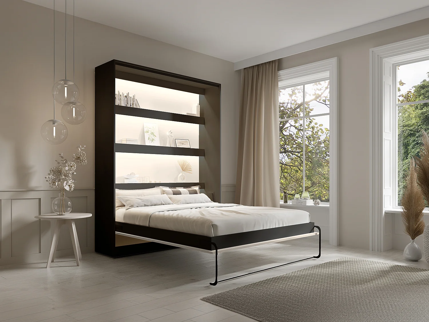 Lit escamotable 160 x 200 cm - Ouverture verticale manuelle - Avec LEDs – Noir et beige - RAPILI