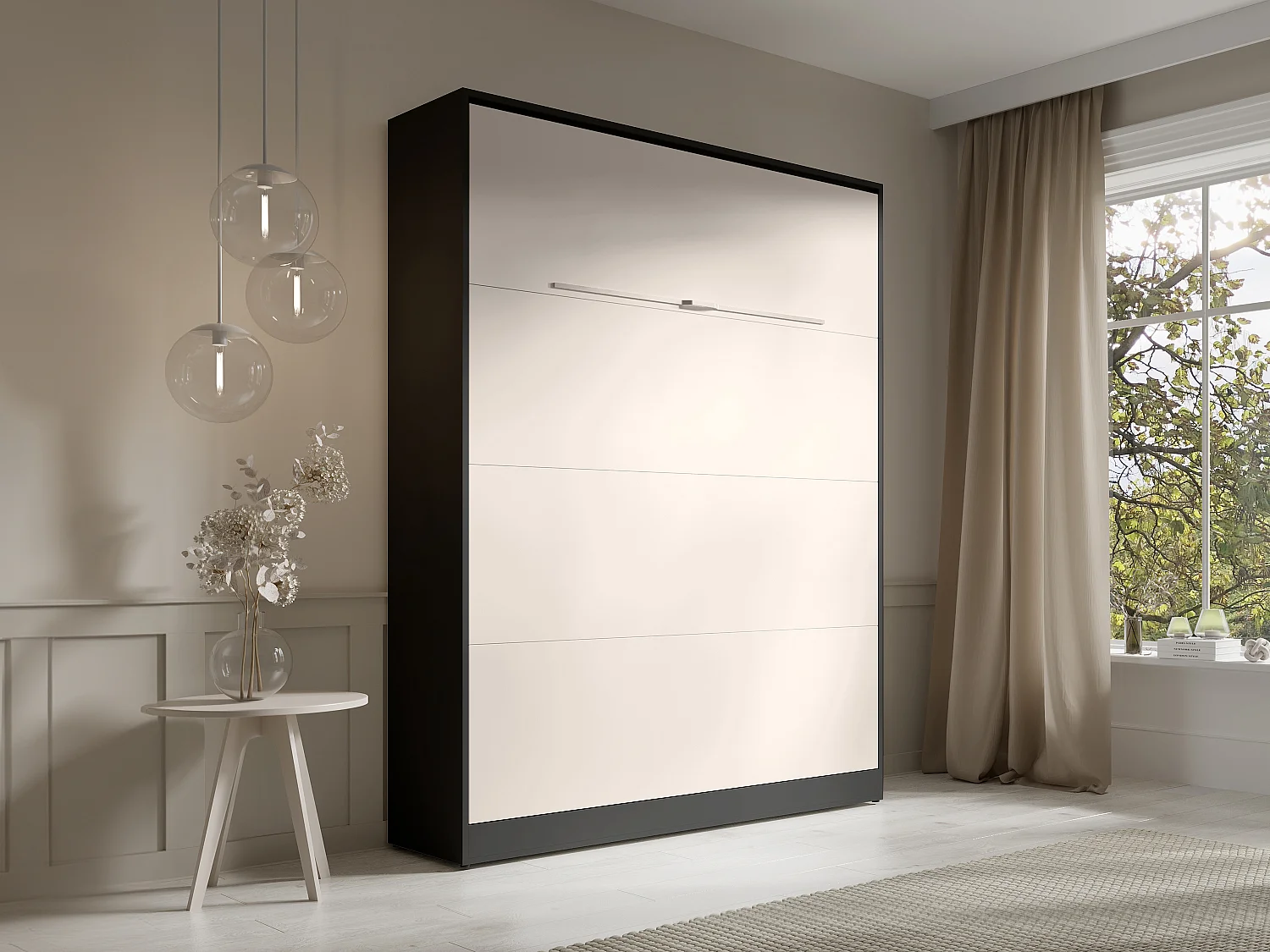 Lit escamotable 160 x 200 cm - Ouverture verticale manuelle - Avec LEDs – Noir et beige - RAPILI