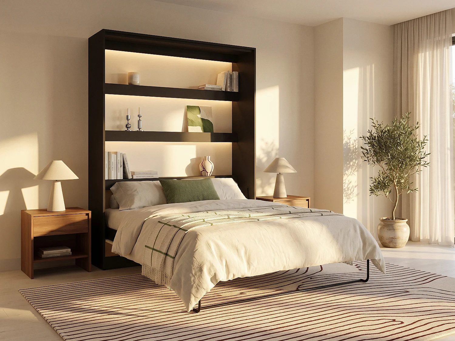 Lit escamotable 160 x 200 cm - Ouverture verticale manuelle - Noir et beige - RAPILI