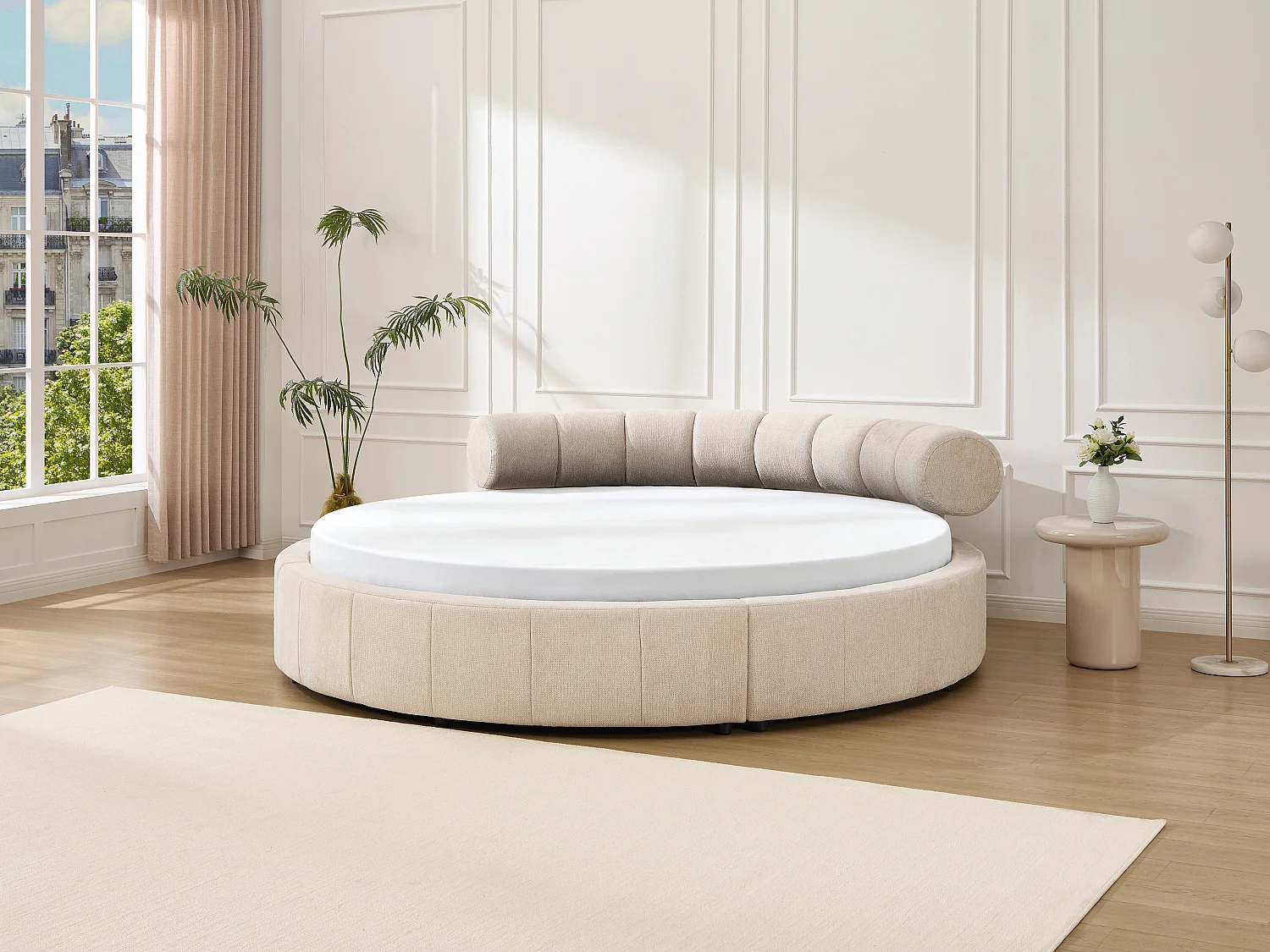 Lit rond 220 x 220 cm - Tissu texturé - Beige - ROGILA
