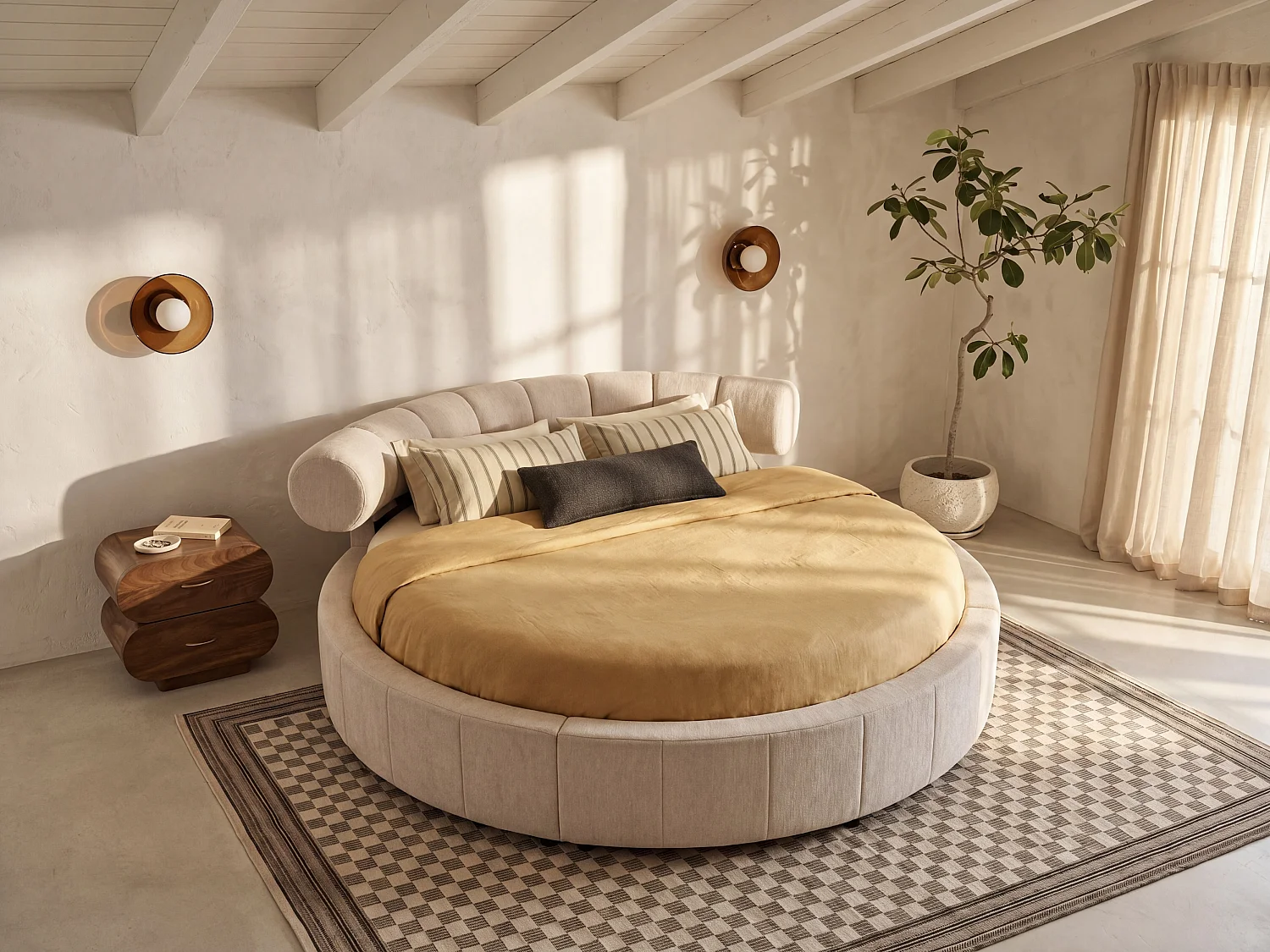 Lit rond 220 x 220 cm - Tissu texturé - Beige - ROGILA