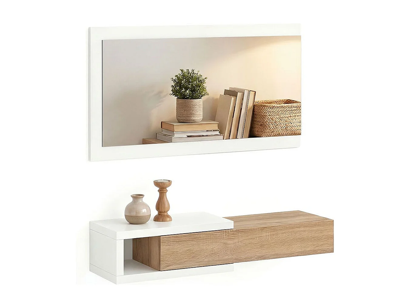 Mueble recibidor con 1 cajón y espejo en blanco mate y roble canadian 95 cm Derek Blanco Artik (Blanco Mate) - Roble Canadian