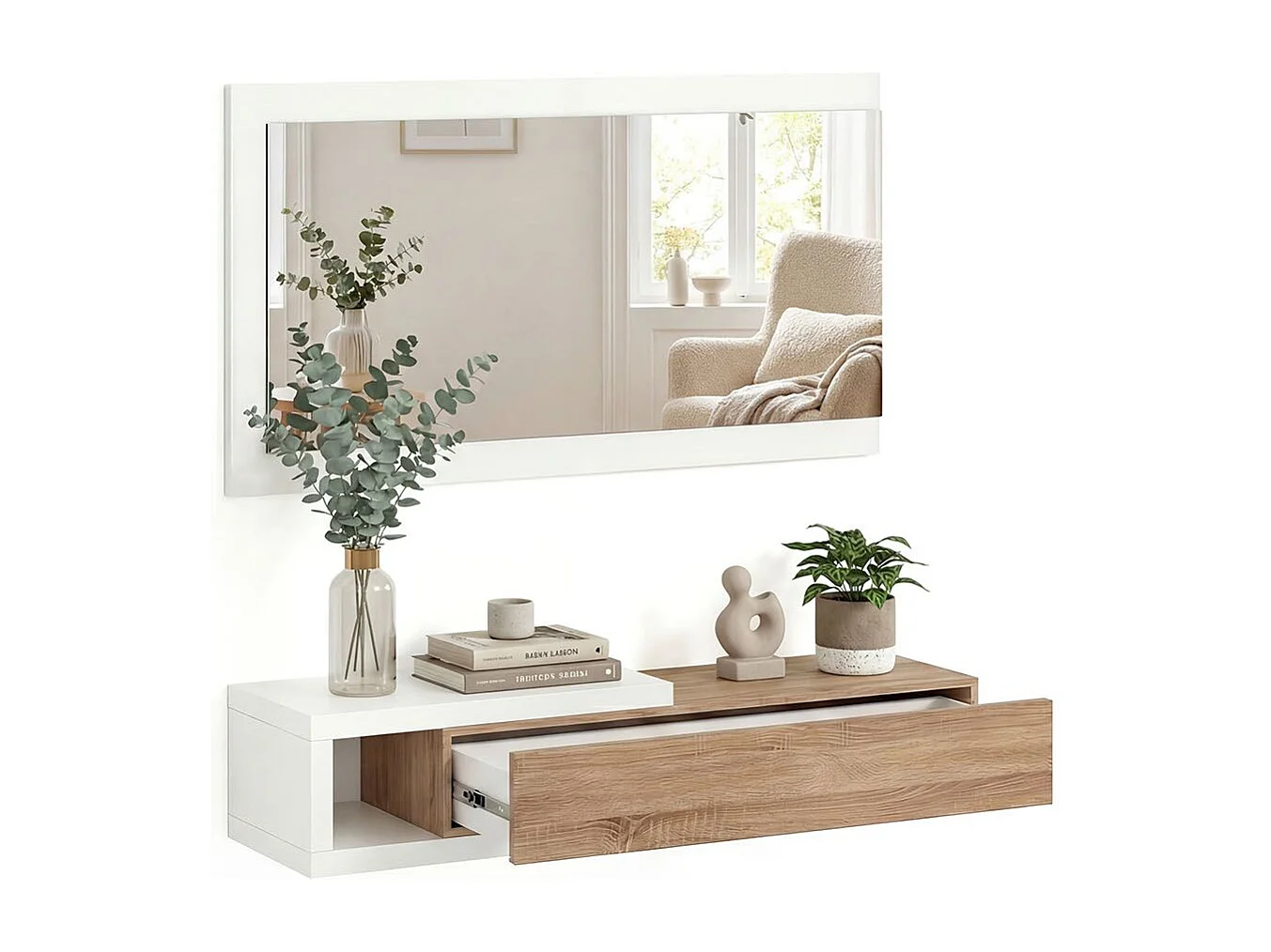 Mueble recibidor con 1 cajón y espejo en blanco mate y roble canadian 95 cm Derek Blanco Artik (Blanco Mate) - Roble Canadian