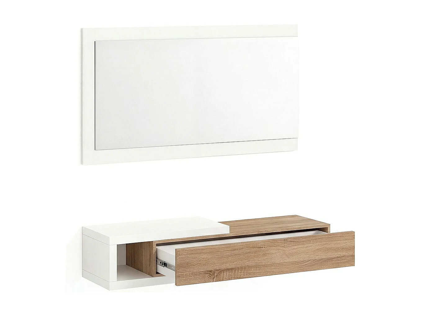 Mueble recibidor con 1 cajón y espejo en blanco mate y roble canadian 95 cm Derek Blanco Artik (Blanco Mate) - Roble Canadian