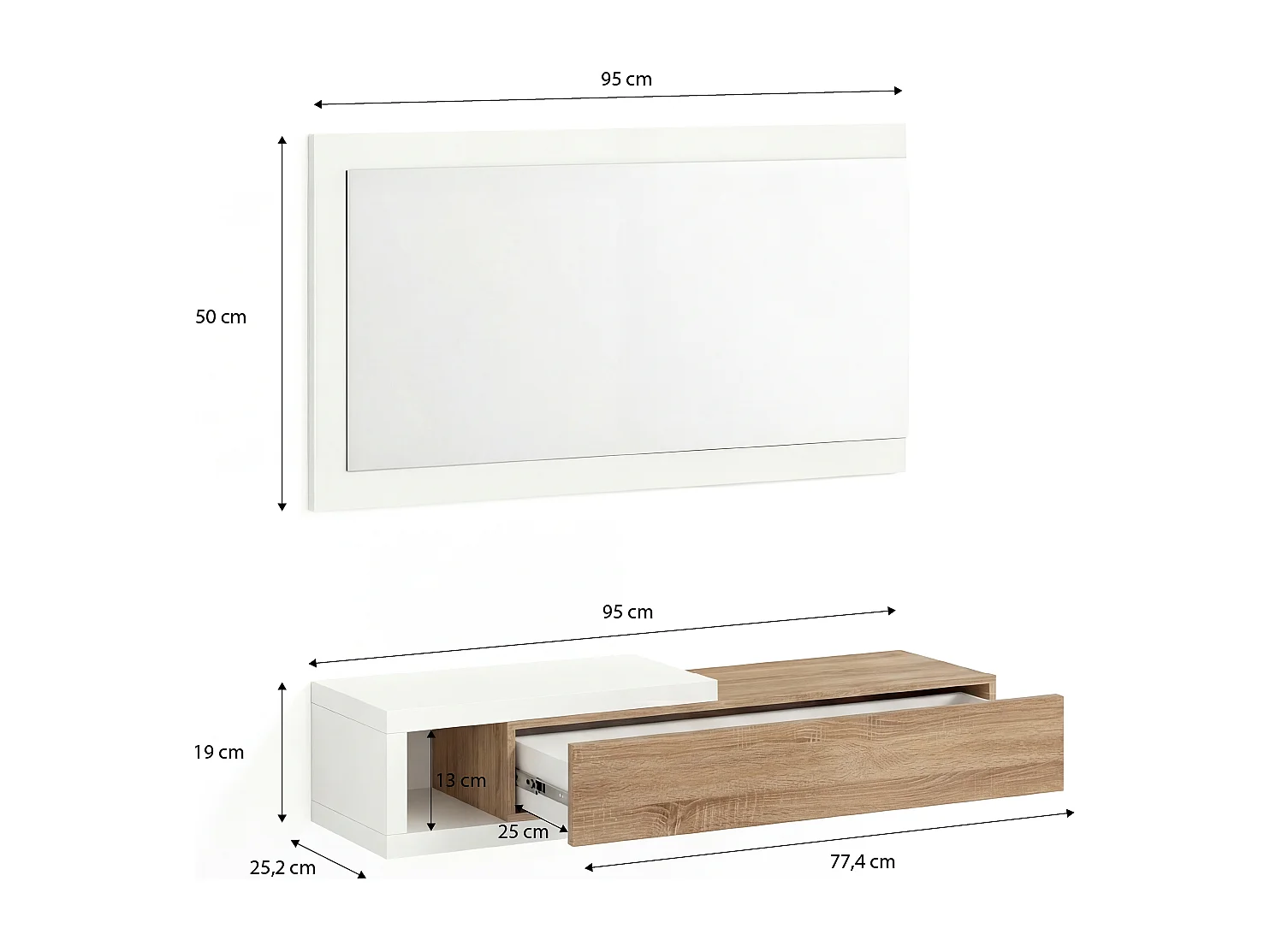 Mueble recibidor con 1 cajón y espejo en blanco mate y roble canadian 95 cm Derek Blanco Artik (Blanco Mate) - Roble Canadian