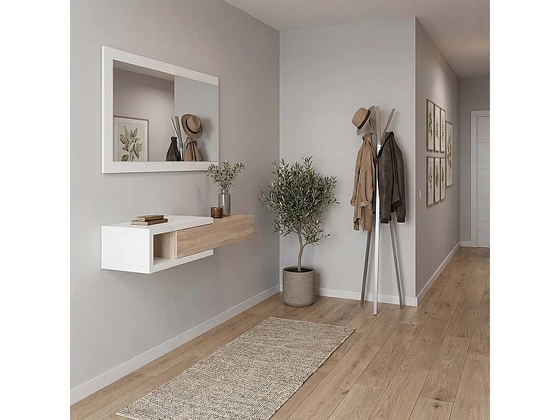 Mueble recibidor con 1 cajón y espejo en blanco mate y roble canadian 75 cm Derek Blanco Artik (Blanco Mate) - Roble Canadian