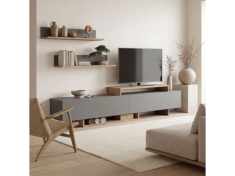 Salón con mueble TV y estanterías en gris grafito y alpino 200 cm Bender Gris Grafito - Alpino