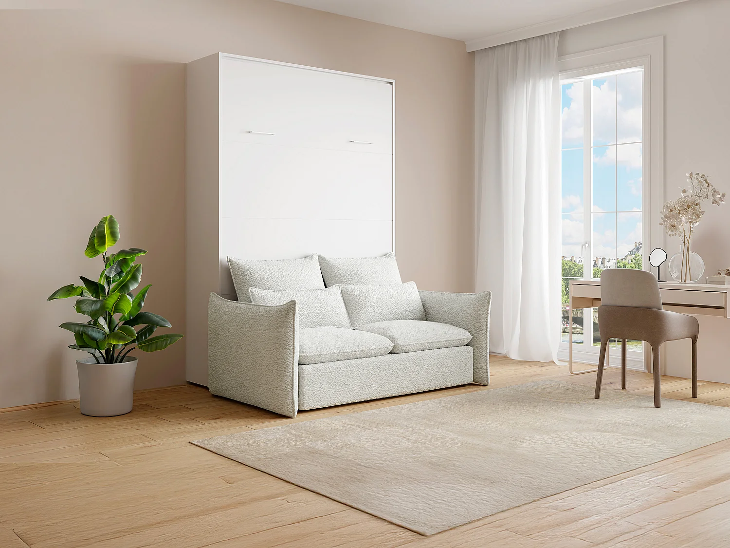 Lit escamotable 160 x 200 cm - Ouverture verticale manuelle - Blanc + Canapé + Matelas - BEGANIO