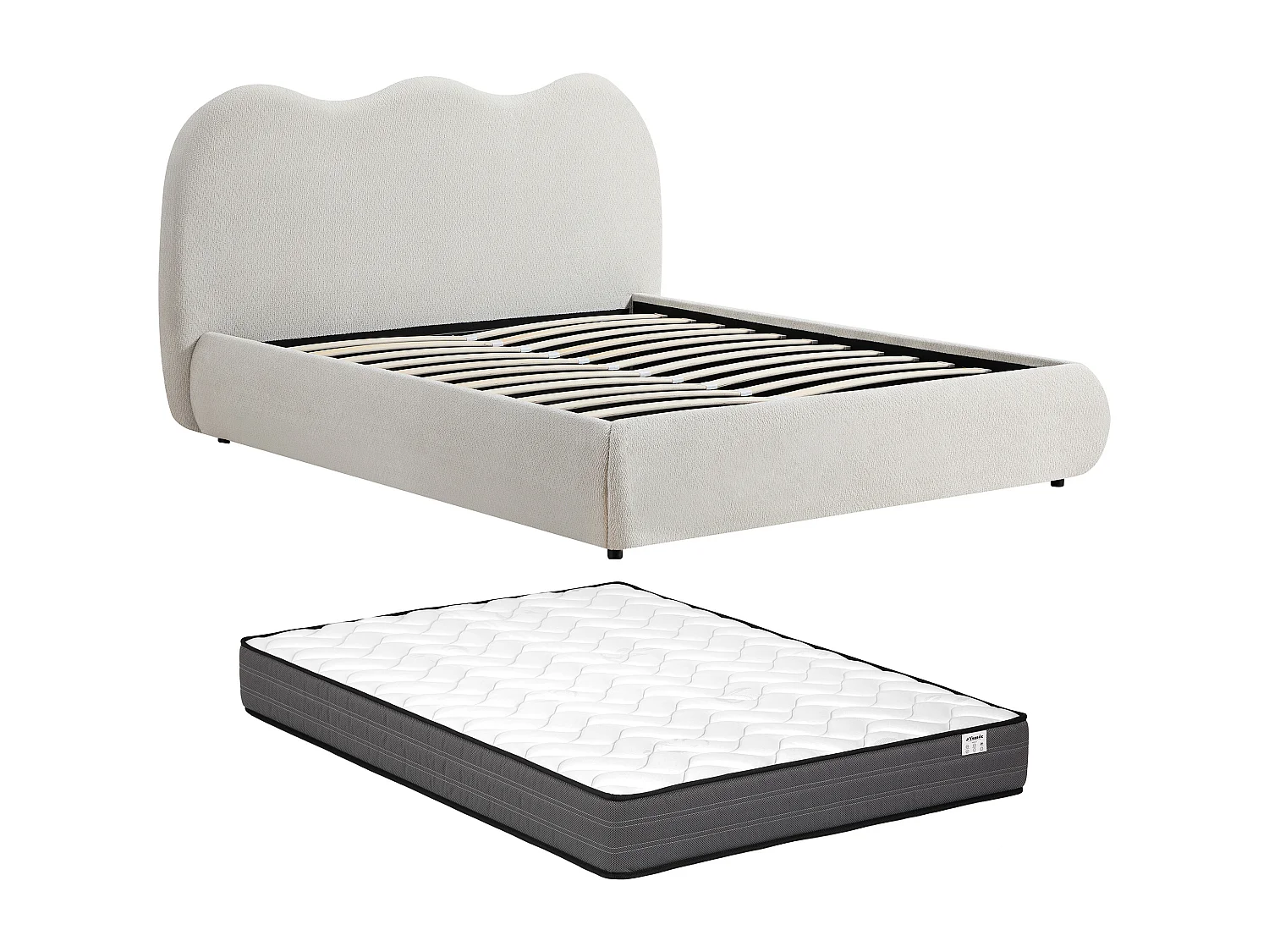 Lit coffre 140 x 190 cm – Tissu texturé – Beige + Matelas – OBALESA