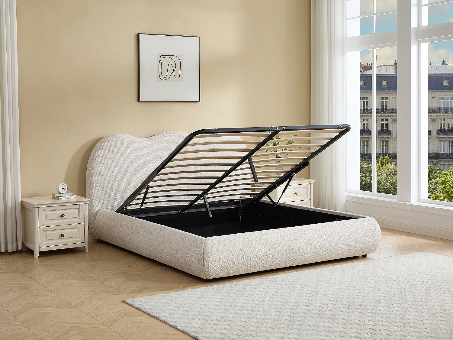 Lit coffre 160 x 200 cm – Tissu texturé – Beige + Matelas – OBALESA