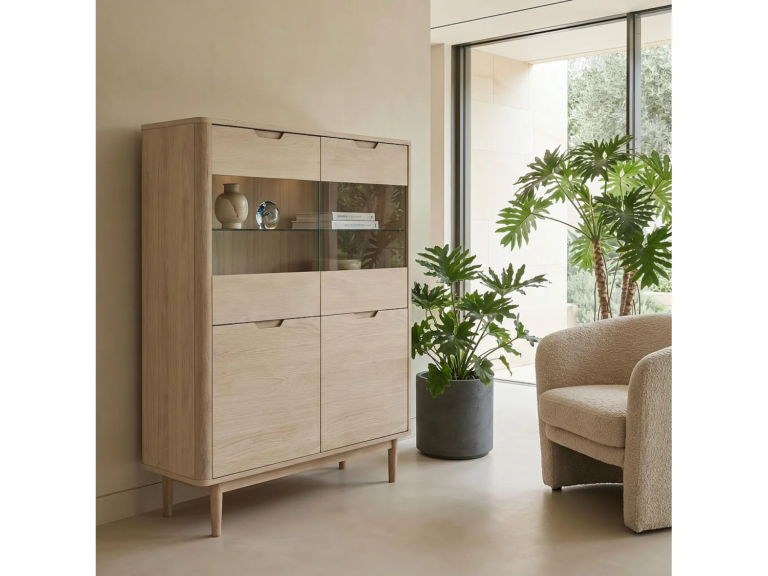 Highboard mit LED Beleuchtung mit 2 Glastüren Nyborg - Eichenfurnier & MDF - Eiche bianco