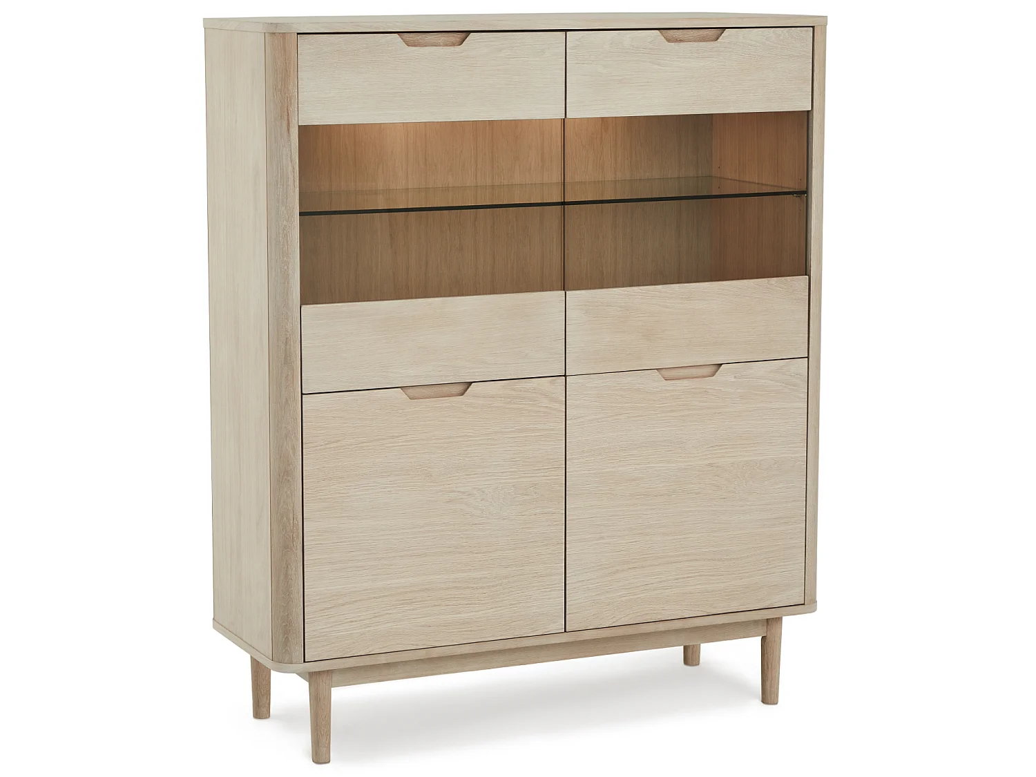 Highboard mit LED Beleuchtung mit 2 Glastüren Nyborg - Eichenfurnier & MDF - Eiche bianco