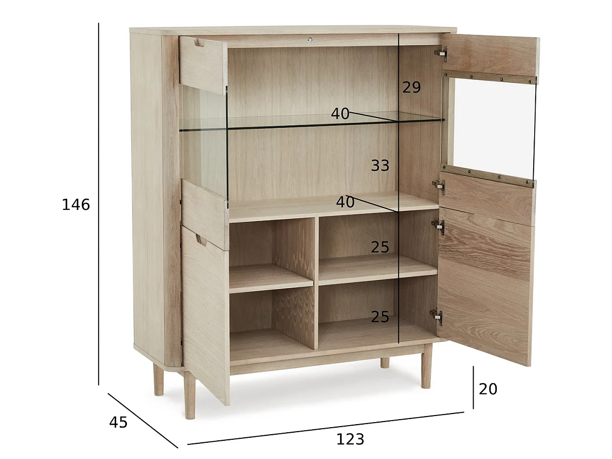 Highboard mit LED Beleuchtung mit 2 Glastüren Nyborg - Eichenfurnier & MDF - Eiche bianco