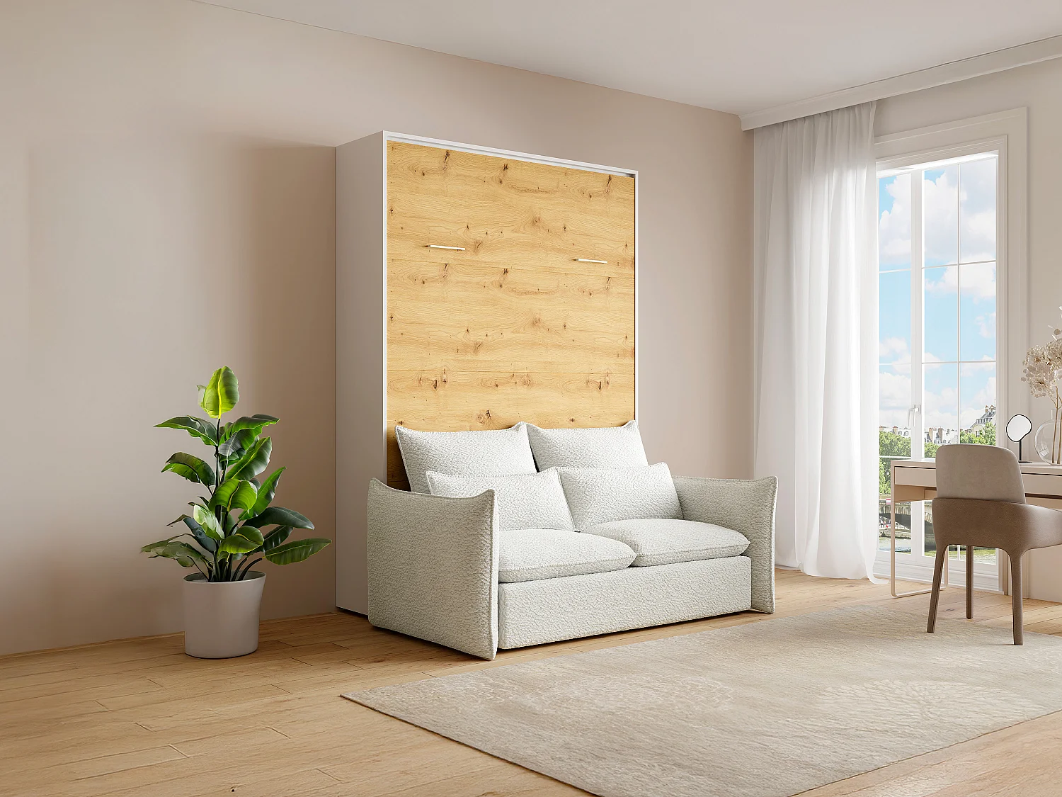 Lit escamotable 160 x 200 cm - Ouverture verticale manuelle - Naturel et blanc + Canapé + Matelas - BEGANIO