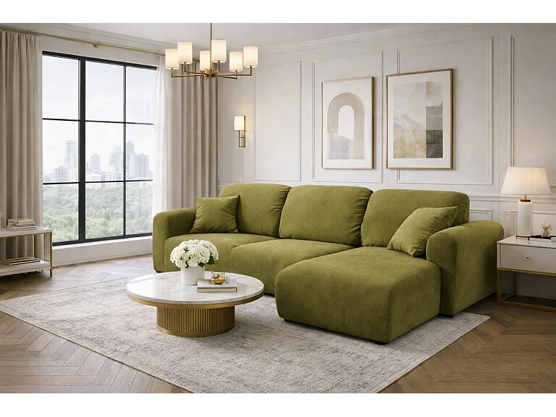 Divano angolare con funzione letto e contenitore, Divano a L Bingo L, tessuto vellutato Salvador, Oliva, Destra