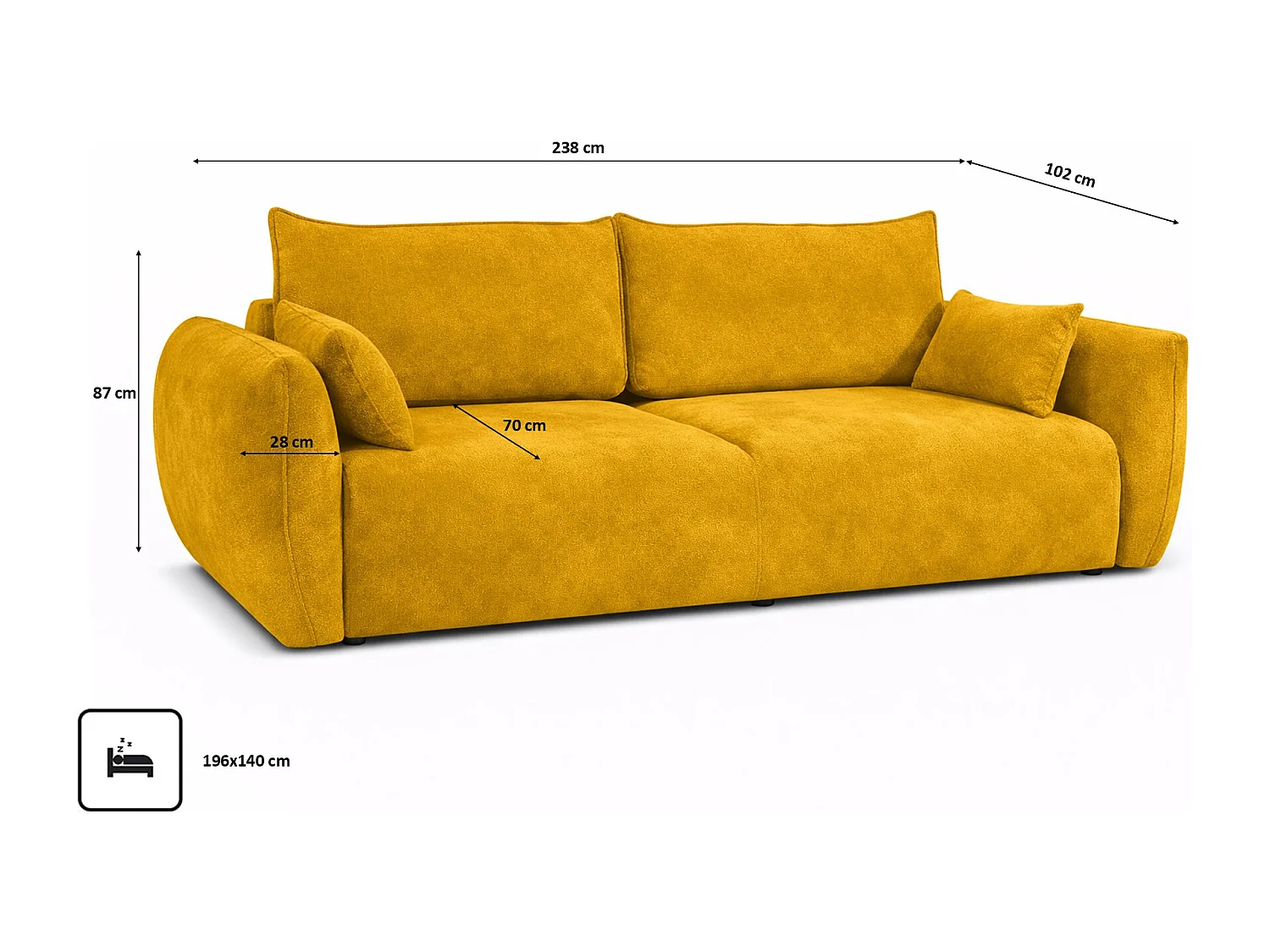 Sofa met slaapfunctie en opbergruimte, veloursstof Salvador, Geel, Zephira