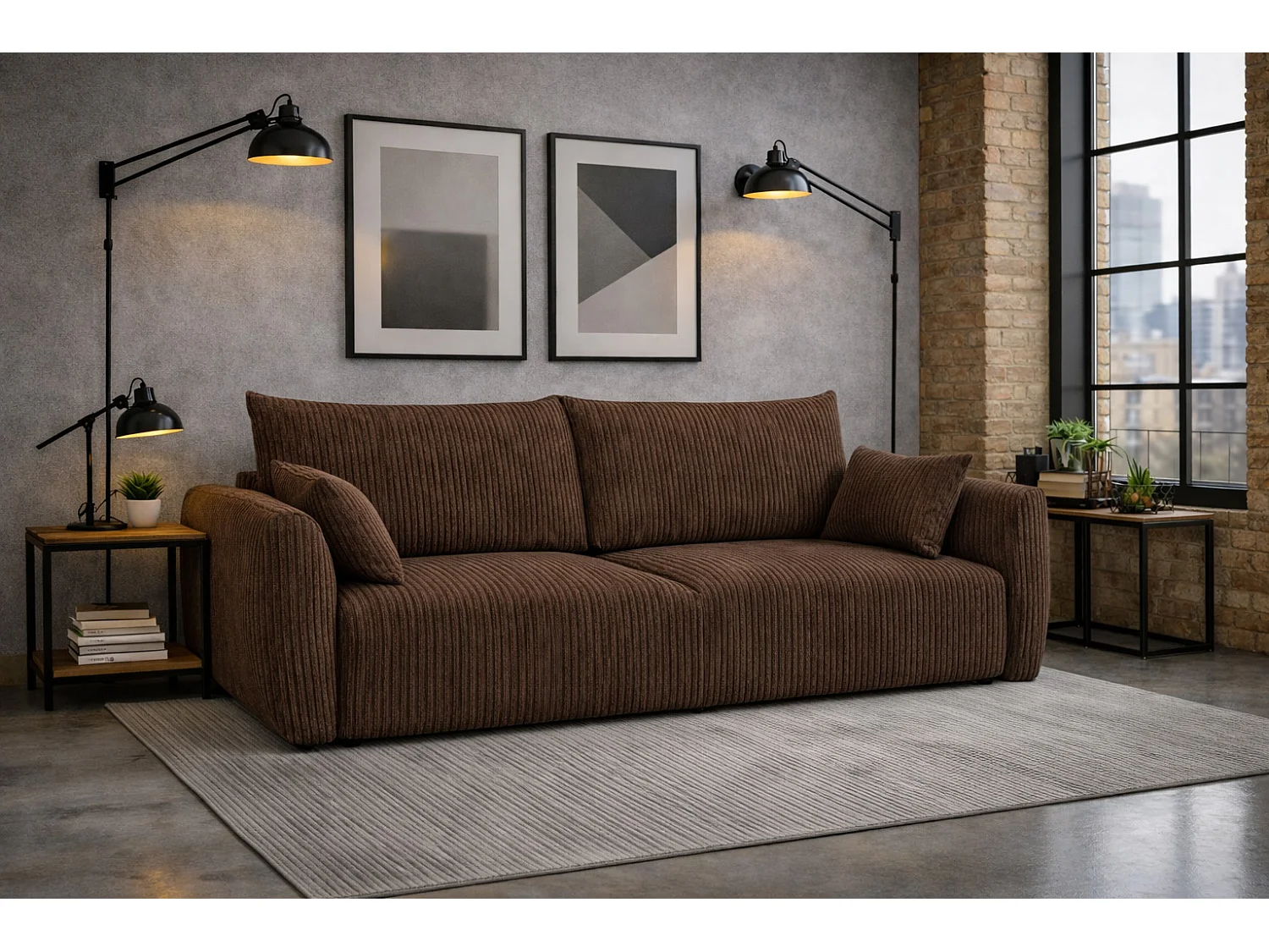 Sofa z funkcją spania i pojemnikiem, tkanina sztruksowa Poso, Brązowy, Zephira