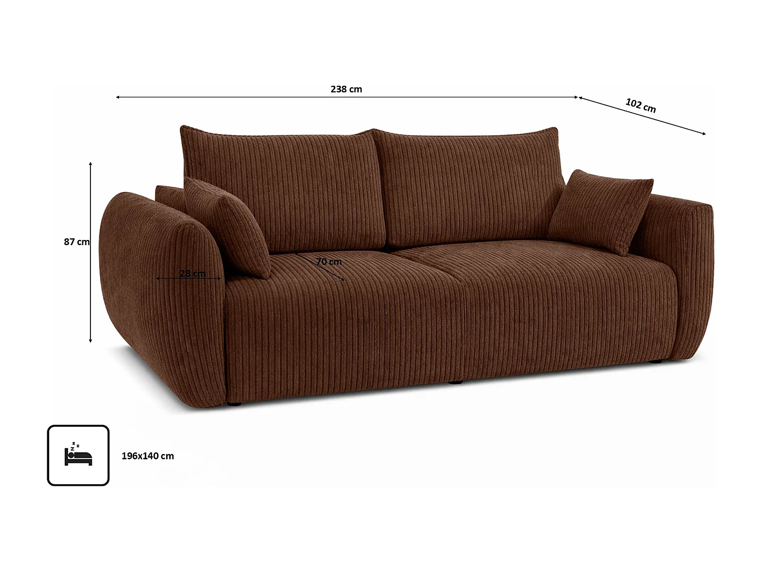 Sofa z funkcją spania i pojemnikiem, tkanina sztruksowa Poso, Brązowy, Zephira