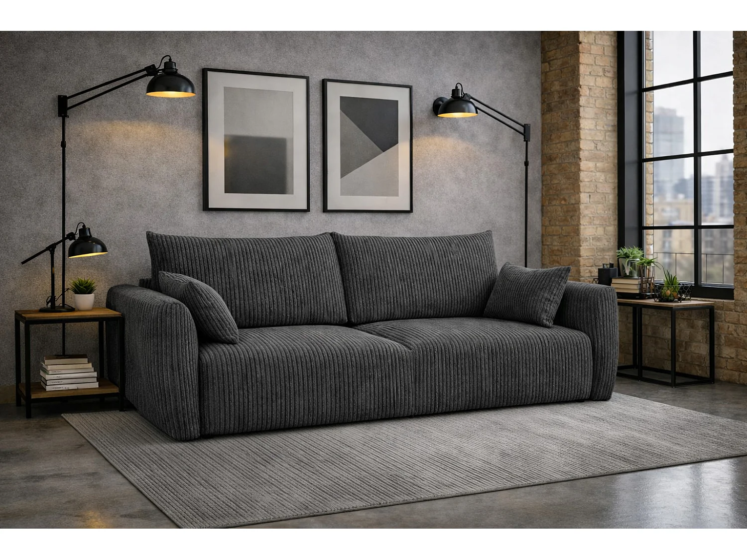 Sofa z funkcją spania i pojemnikiem, tkanina sztruksowa Poso, Szary, Zephira