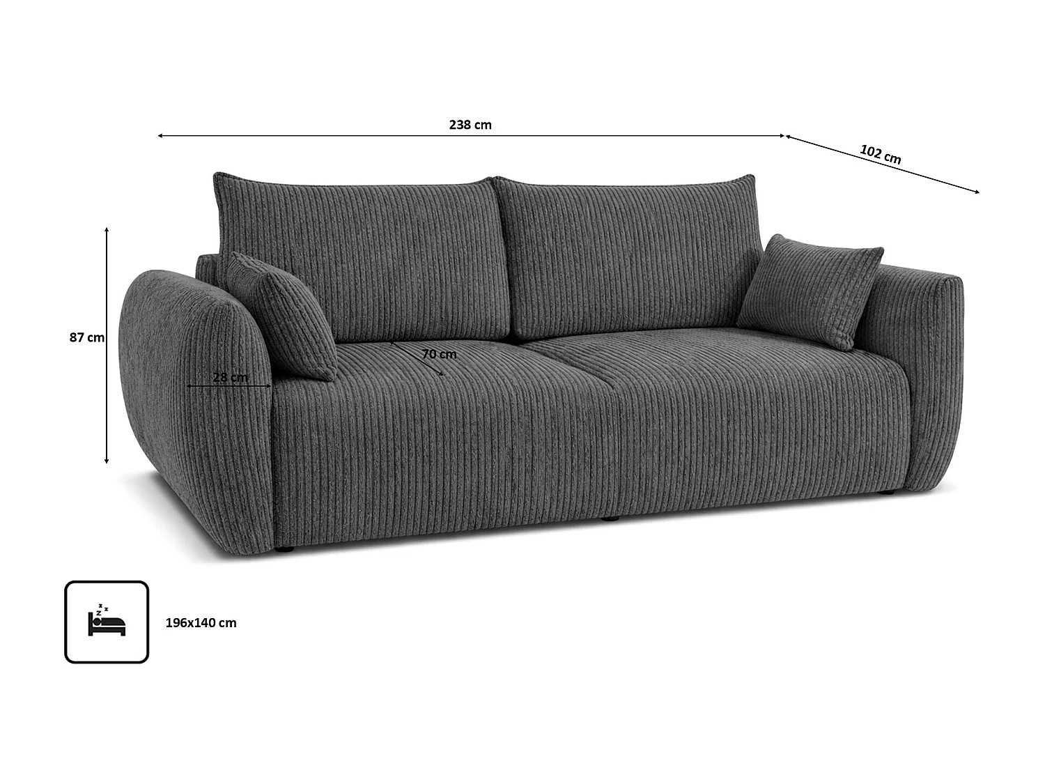 Sofa z funkcją spania i pojemnikiem, tkanina sztruksowa Poso, Szary, Zephira