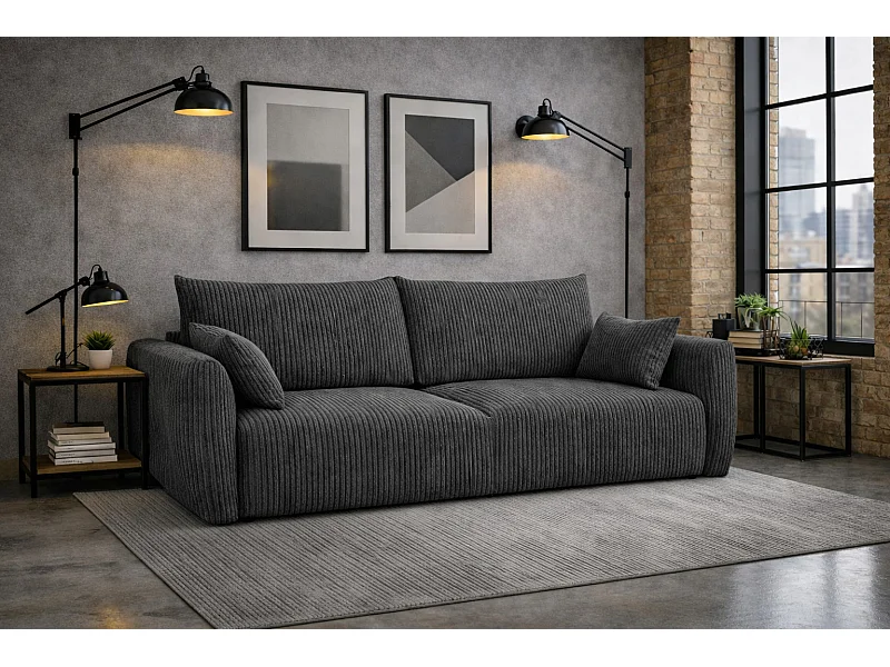 Canapé avec fonction couchage et coffre, tissu côtelé Poso, Gris, Zephira