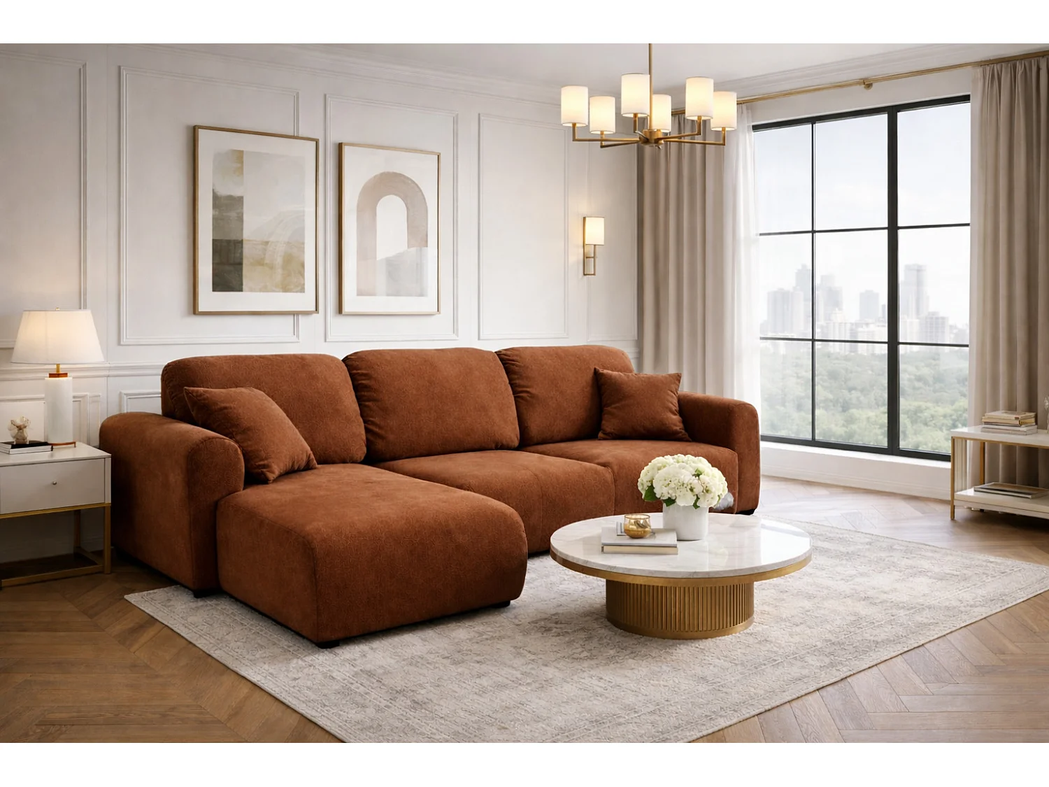 Narożnik w kształcie L z funkcją spania i pojemnikiem Bingo L, tkanina welurowa Salvador, Ciemnobrązowy, Lewy