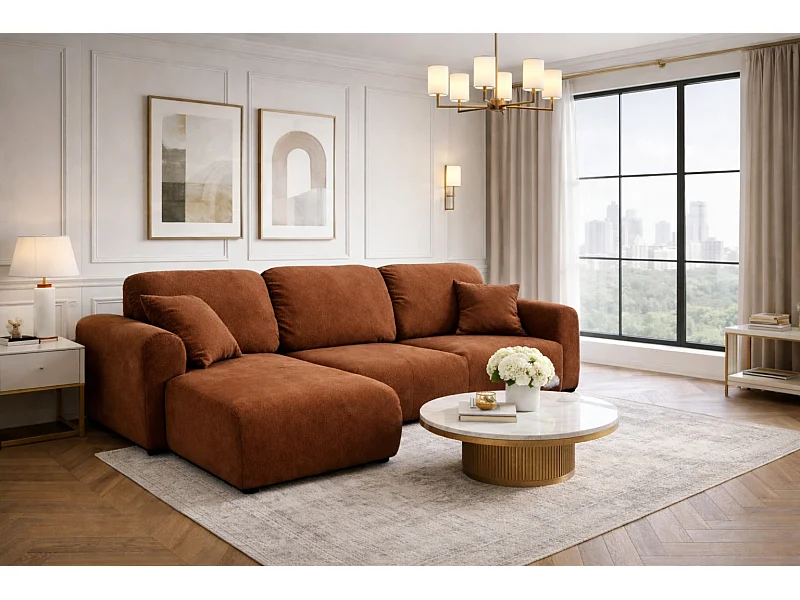 Hoekbank met slaapfunctie en opbergruimte, L-vormige bank Bingo L, velours Salvador, Donkerbruin, Links