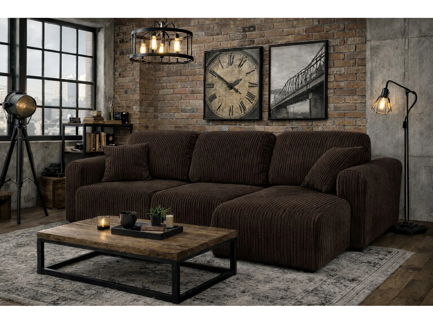 Narożnik w kształcie L z funkcją spania i pojemnikiem Bingo L, tkanina sztruksowa Poso, Brązowy, Prawy