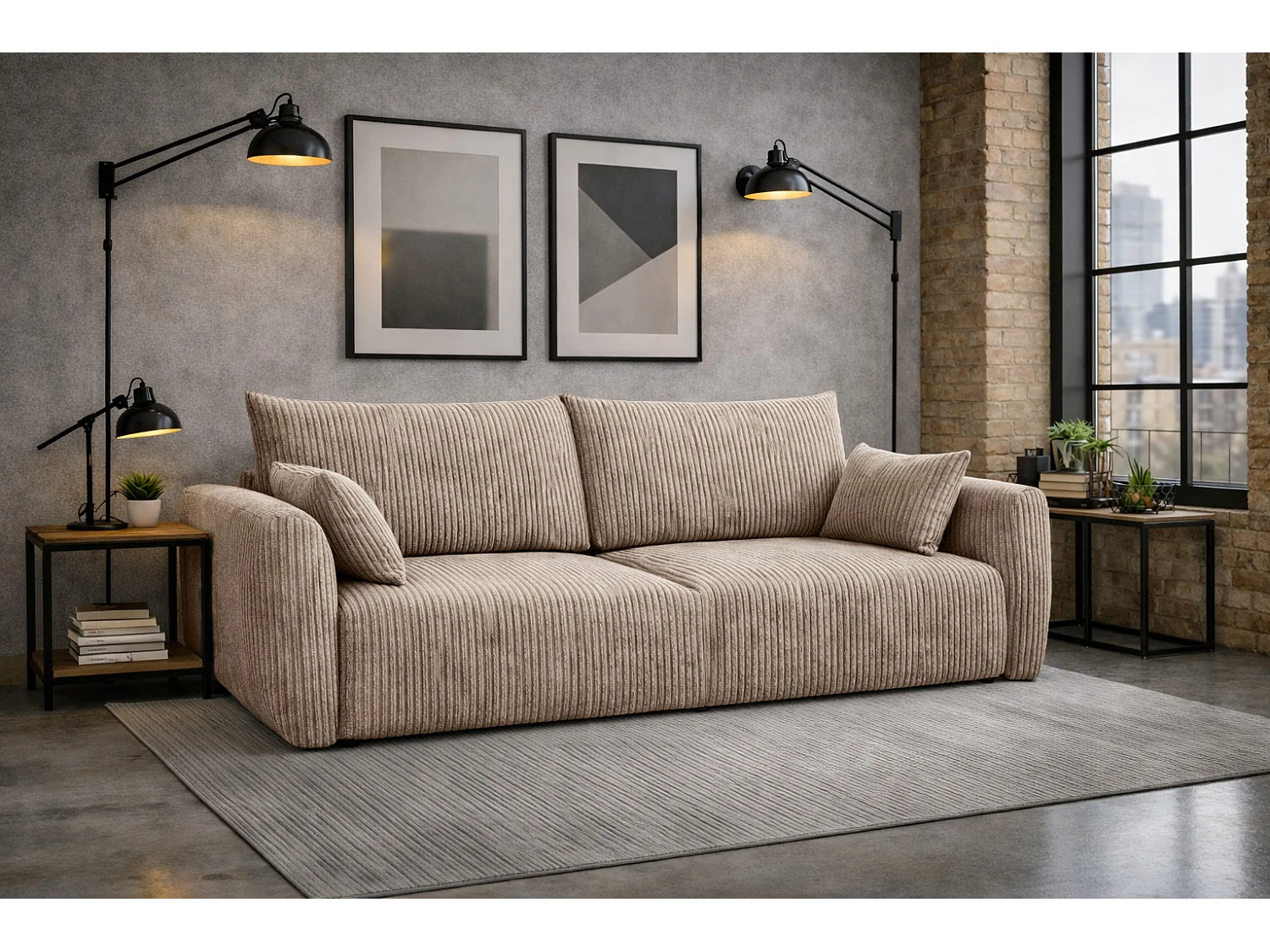 Sofa z funkcją spania i pojemnikiem, tkanina sztruksowa Poso, Ciemnobeżowy, Zephira