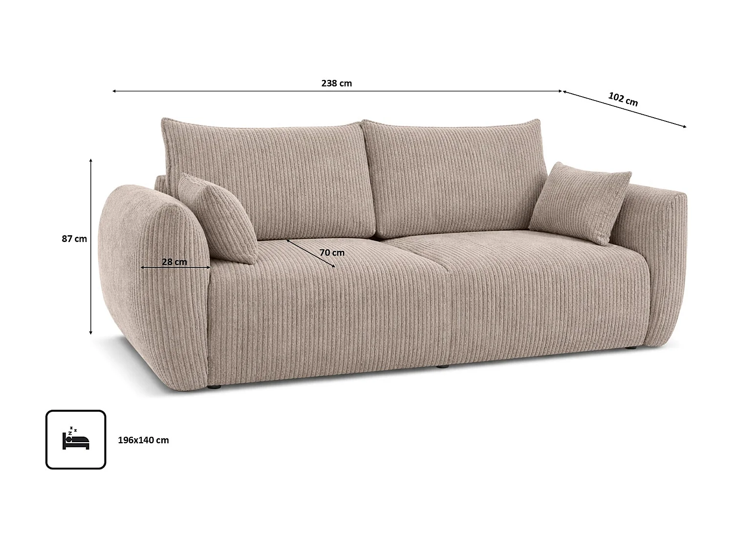 Sofa z funkcją spania i pojemnikiem, tkanina sztruksowa Poso, Ciemnobeżowy, Zephira