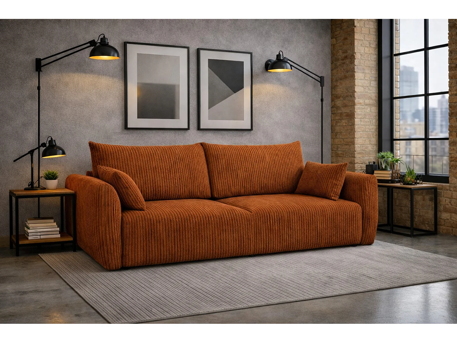 Sofa z funkcją spania i pojemnikiem, tkanina sztruksowa Poso, Miedziany, Zephira