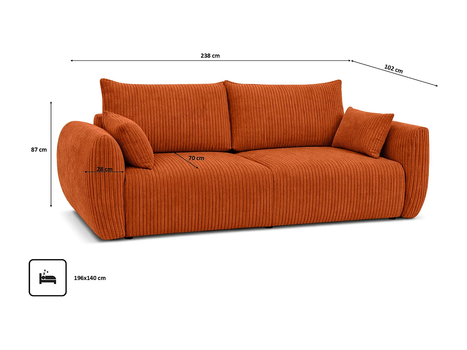 Sofa z funkcją spania i pojemnikiem, tkanina sztruksowa Poso, Miedziany, Zephira