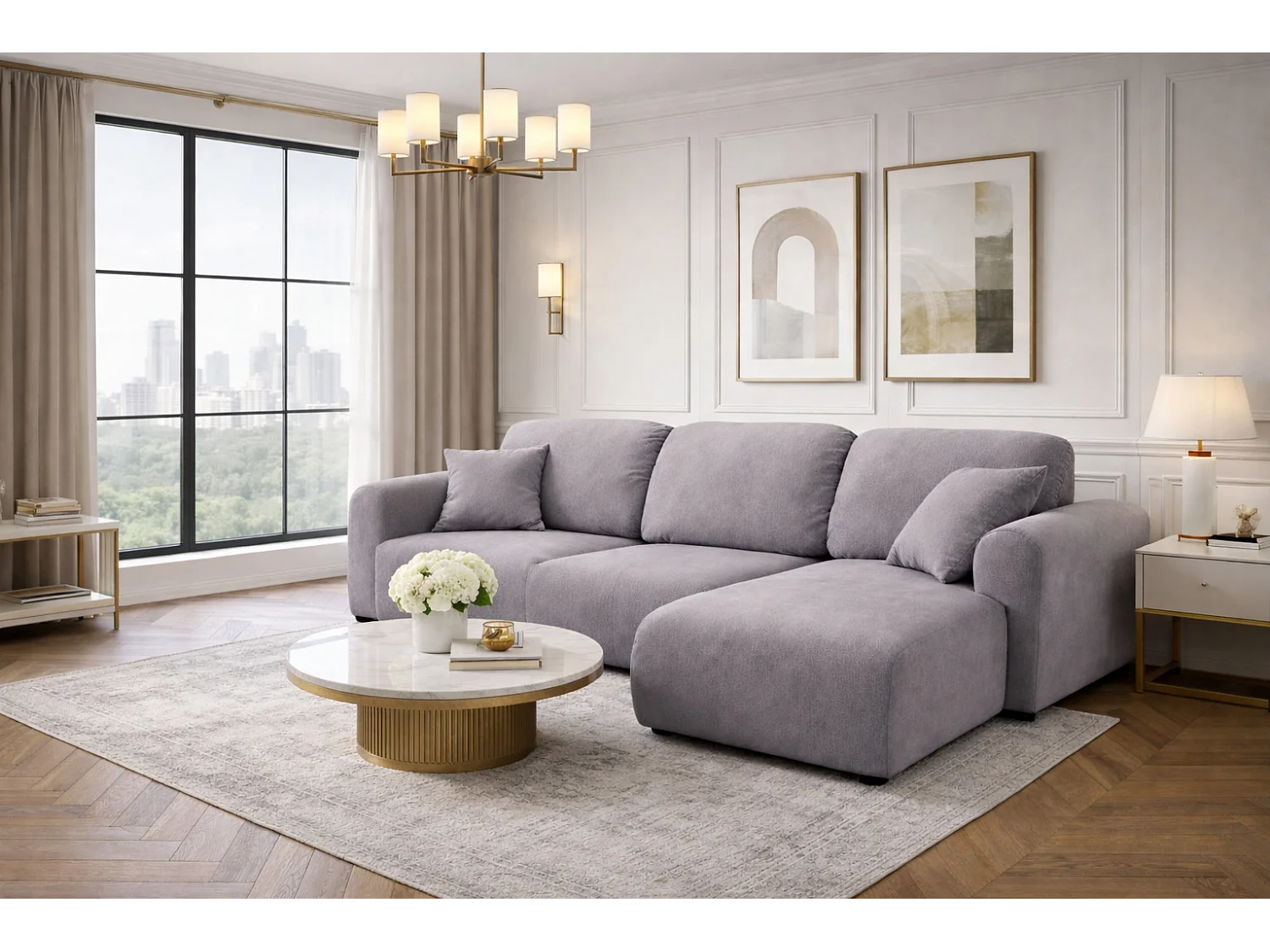 Narożnik w kształcie L z funkcją spania i pojemnikiem Bingo L, tkanina welurowa Salvador, Szary, Prawy