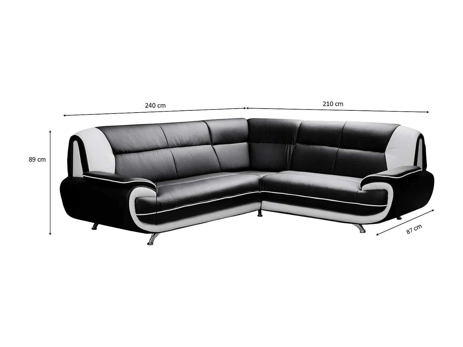 Canapé d’angle en L, tissu Soft, noir + blanc, droite, Palermo