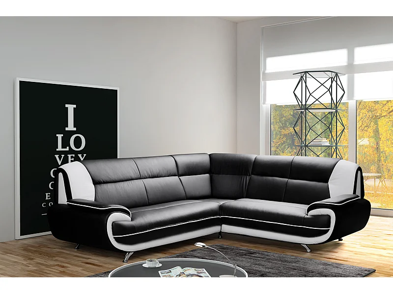Canapé d’angle en L, tissu Soft, noir + blanc, droite, Palermo