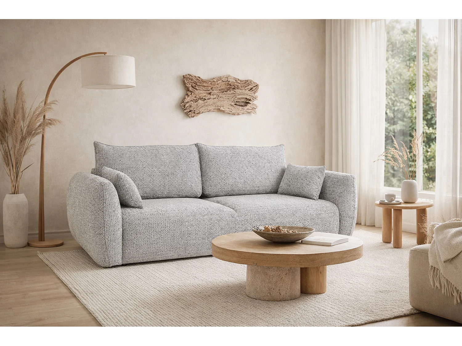 Sofa z funkcją spania i pojemnikiem, tkanina szenilowa Artico, Cement, Zephira