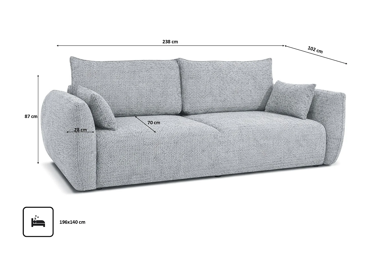 Sofa z funkcją spania i pojemnikiem, tkanina szenilowa Artico, Cement, Zephira