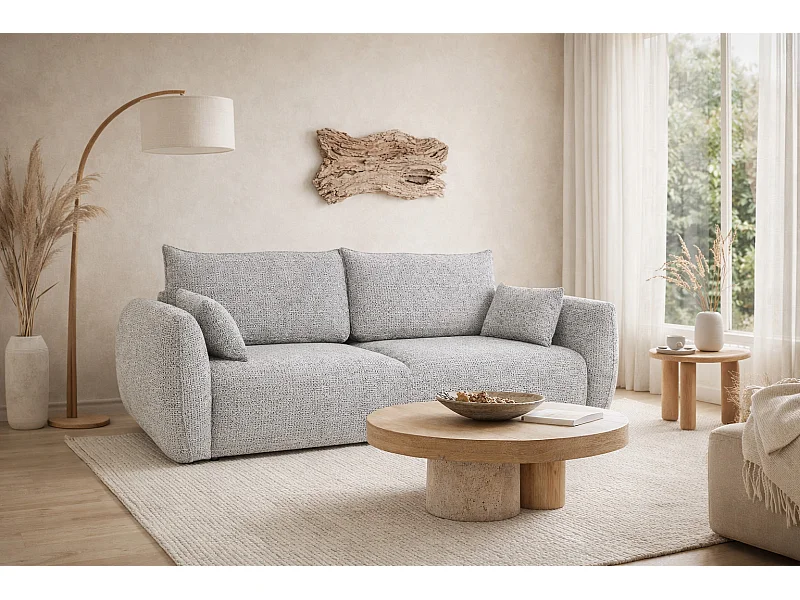 Canapé avec fonction couchage et coffre, tissu chenille Artico, Ciment, Zephira