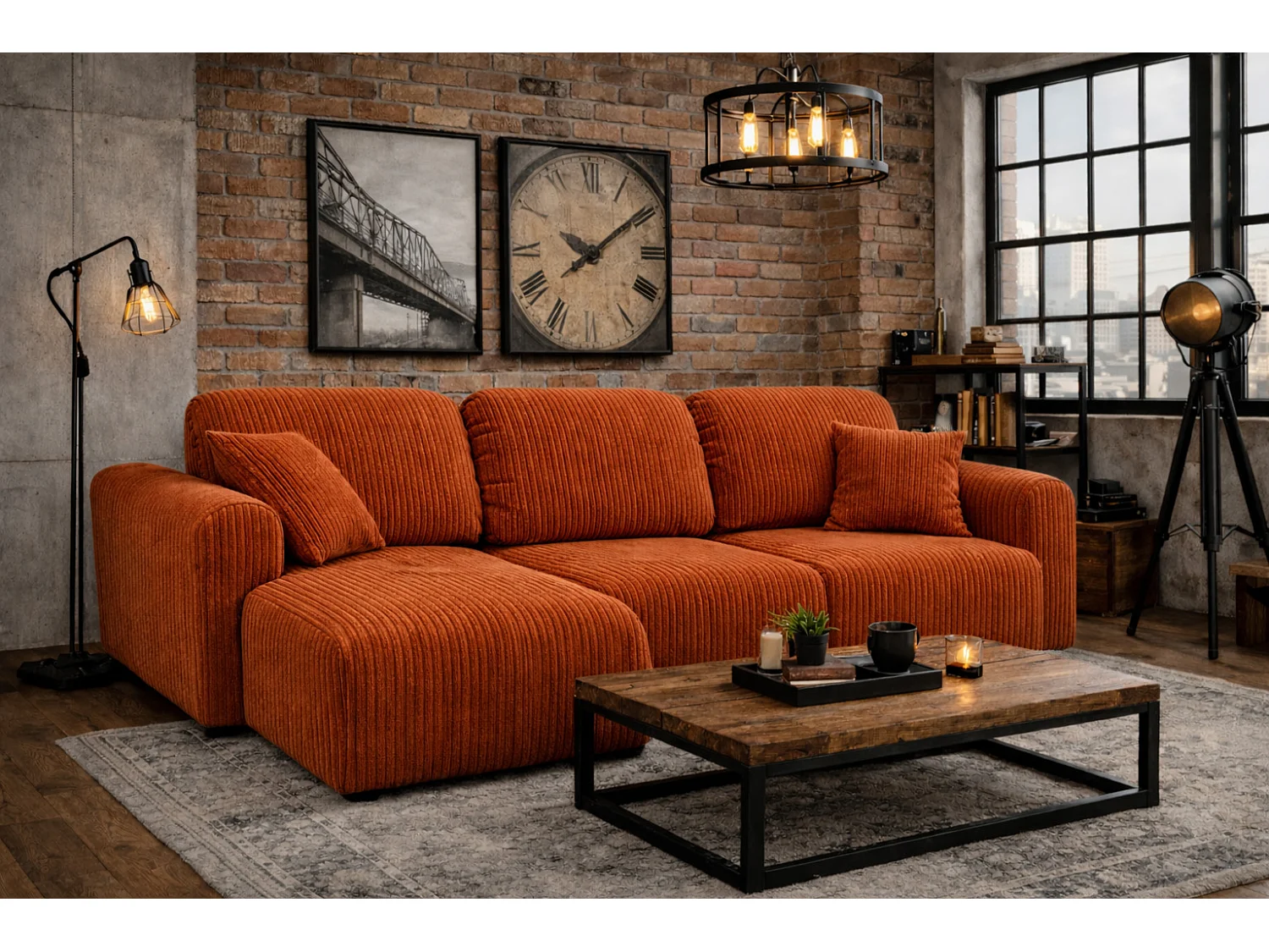 Narożnik w kształcie L z funkcją spania i pojemnikiem Bingo L, tkanina sztruksowa Poso, Miedziany, Lewy