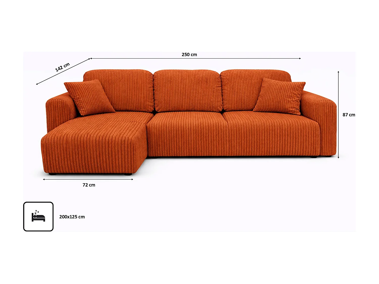 Narożnik w kształcie L z funkcją spania i pojemnikiem Bingo L, tkanina sztruksowa Poso, Miedziany, Lewy