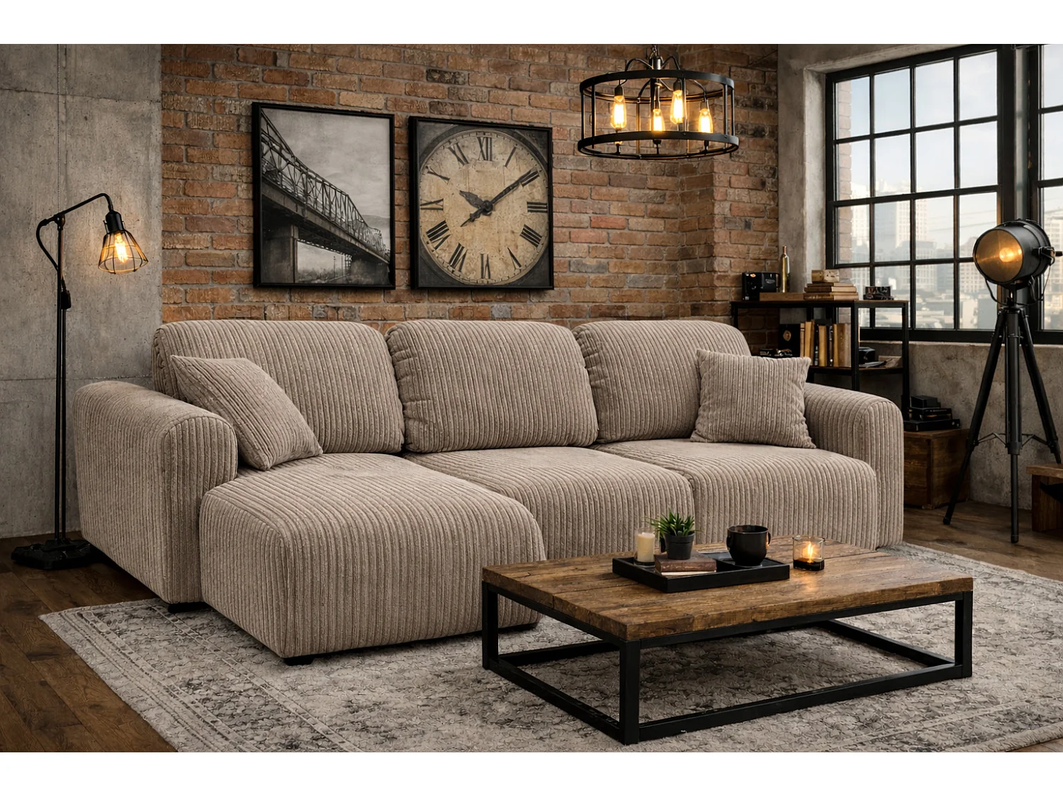 Narożnik w kształcie L z funkcją spania i pojemnikiem Bingo L, tkanina sztruksowa Poso, Ciemnobeżowy, Lewy