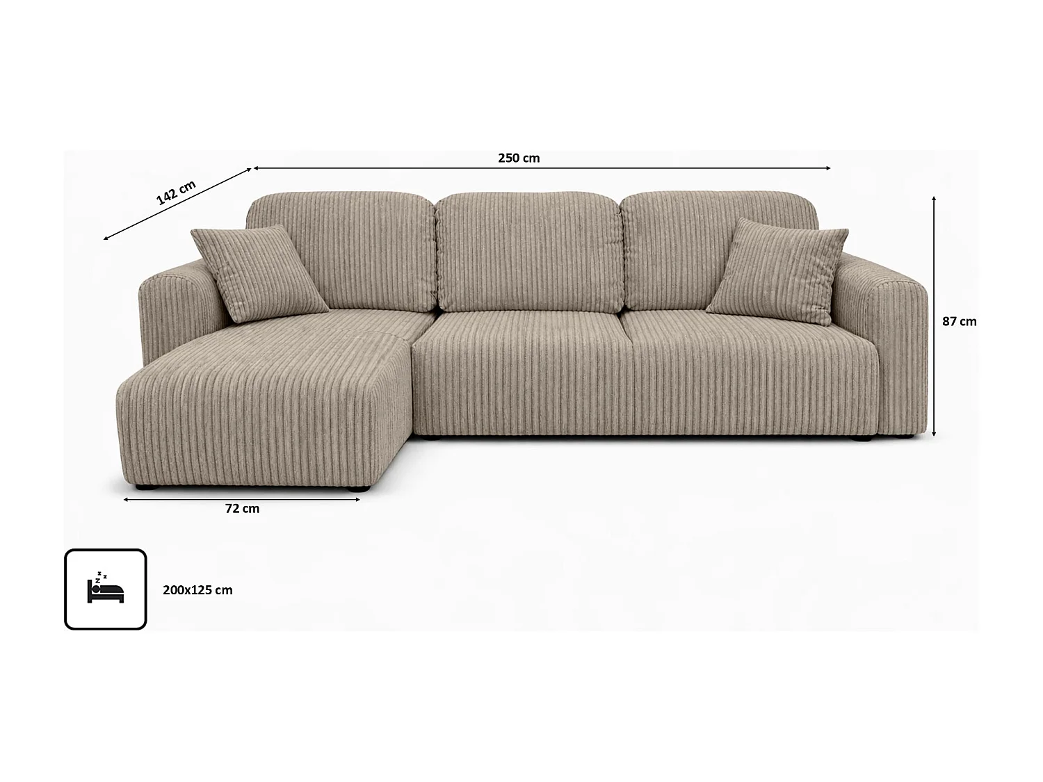 Narożnik w kształcie L z funkcją spania i pojemnikiem Bingo L, tkanina sztruksowa Poso, Ciemnobeżowy, Lewy