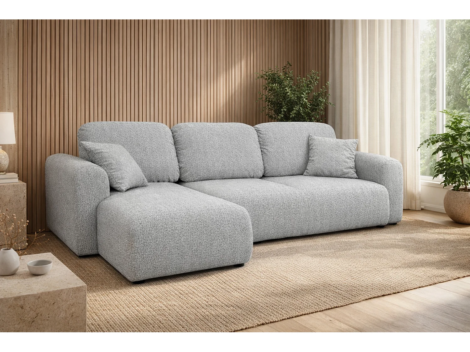 Divano angolare con funzione letto e contenitore, Divano a L Bingo L, tessuto chenille Artico, Cemento, Sinistra