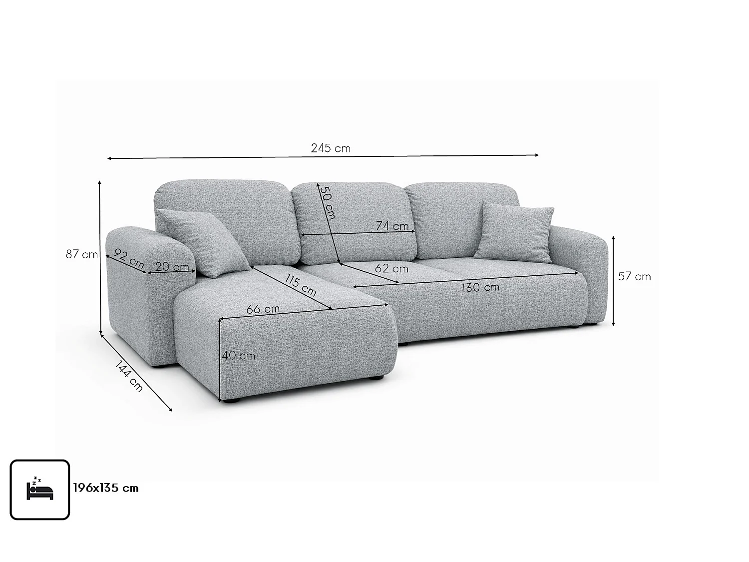 Divano angolare con funzione letto e contenitore, Divano a L Bingo L, tessuto chenille Artico, Cemento, Sinistra