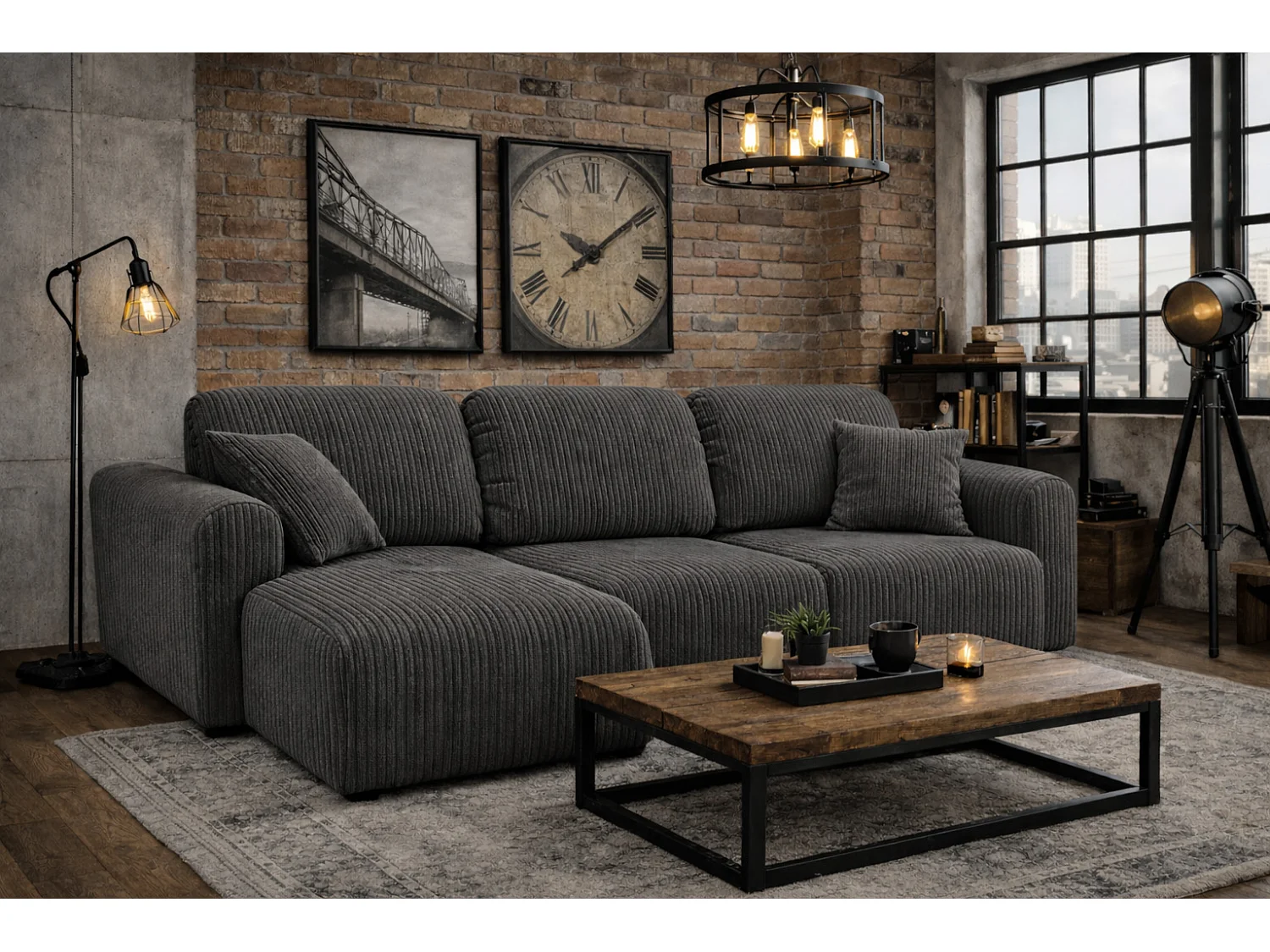 Narożnik w kształcie L z funkcją spania i pojemnikiem Bingo L, tkanina sztruksowa Poso, Szary, Lewy