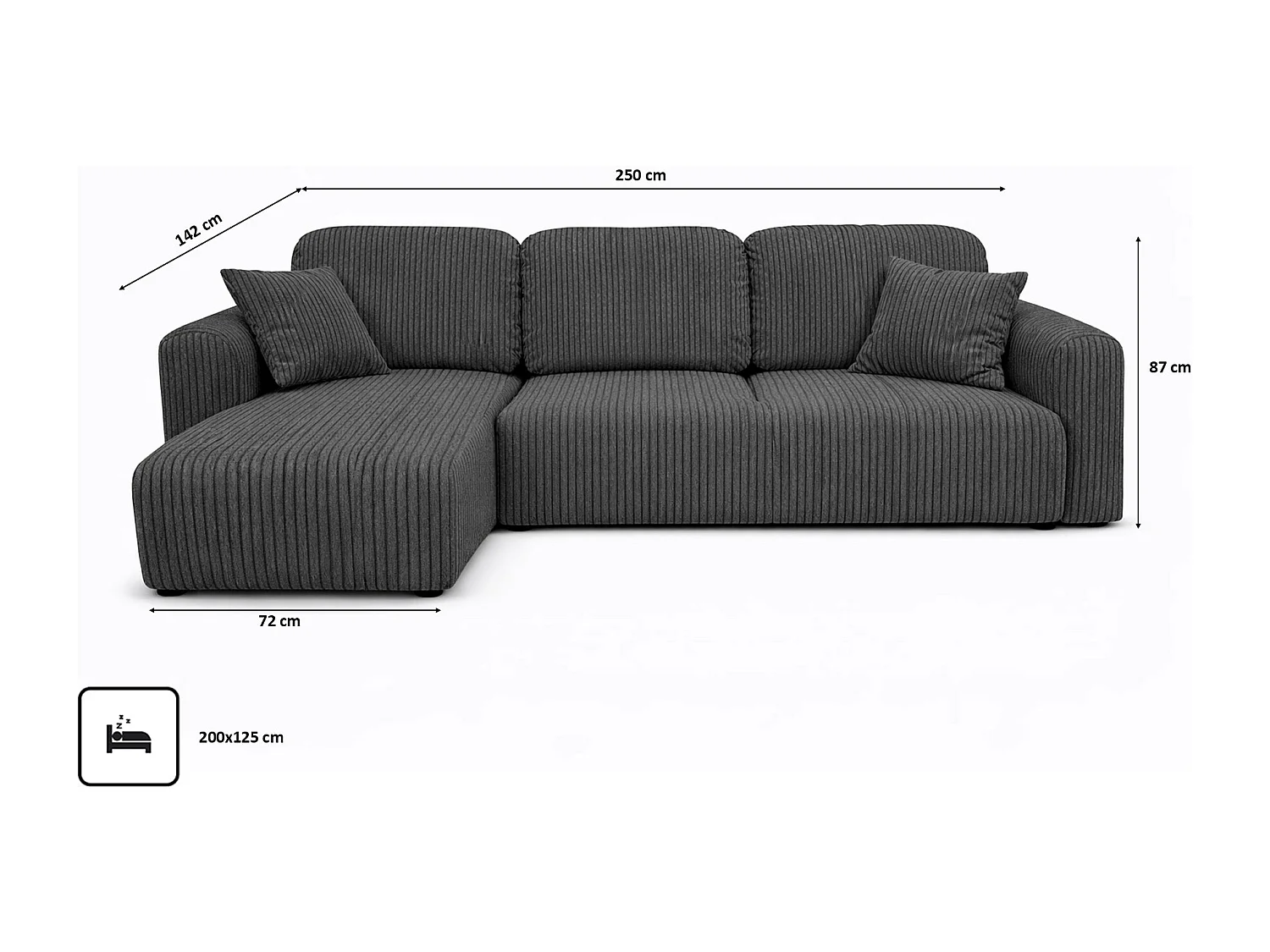 Narożnik w kształcie L z funkcją spania i pojemnikiem Bingo L, tkanina sztruksowa Poso, Szary, Lewy