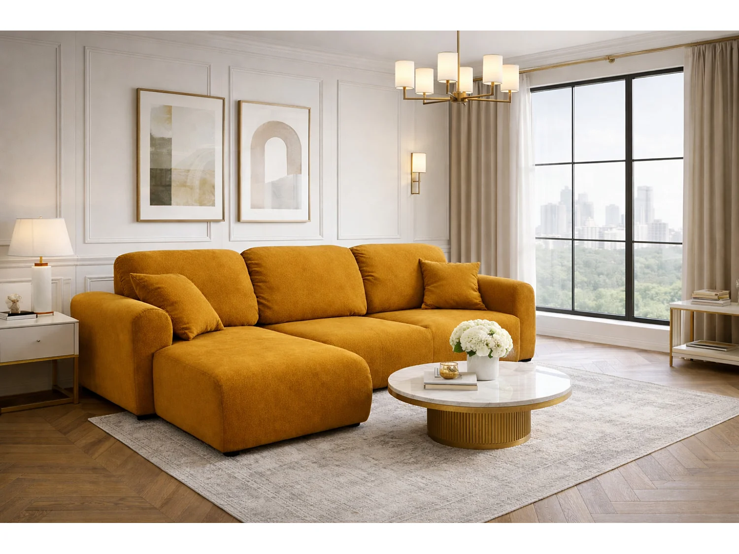 Narożnik w kształcie L z funkcją spania i pojemnikiem Bingo L, tkanina welurowa Salvador, Żółty, Lewy